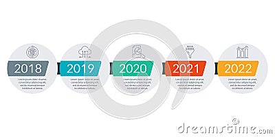 Timeline Infographic template with 5 steps, levels or options. Business design elements with icons for infographics, information b Vector Illustration